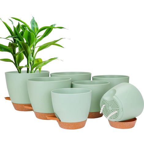 7 Pcs Pots de Fleurs en Plastique, 20,3/19/17,7/16,5/15,2/14/12,7 cm Pot de Fleur, Pots de Fleurs en Plastique avec Système d'irrigation, Convient aux Jardins de Balcon Intérieurs et Extérieurs, Vert (1/5)