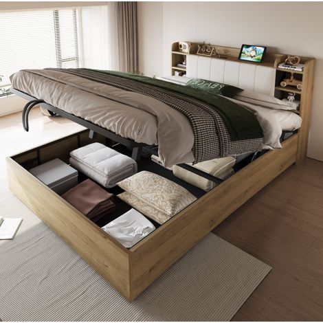 Lit 180x200 cm en MDF aspect bois, relevable hydraulique avec tête de lit rangement et USB/Type-C (1/5)