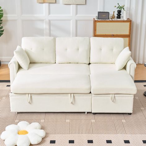Sofá esquinero convertible con arcón, chaise longue reversible, tejido chenilla beige OKMYHOME (1/5)