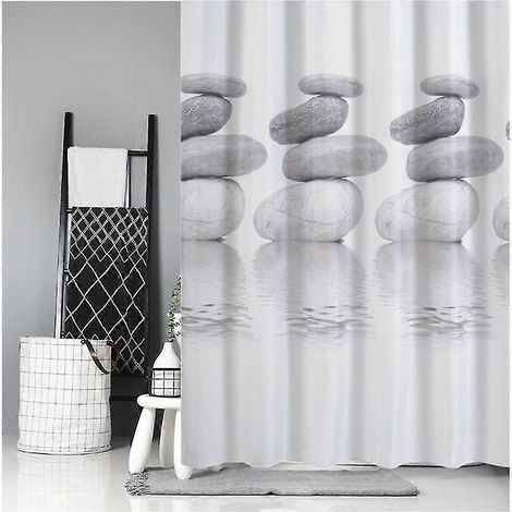 Rideau de douche 200x200 cm en textile gris galets, résistant aux moisissures et hydrofuge (200 x 200 cm) (1/4)