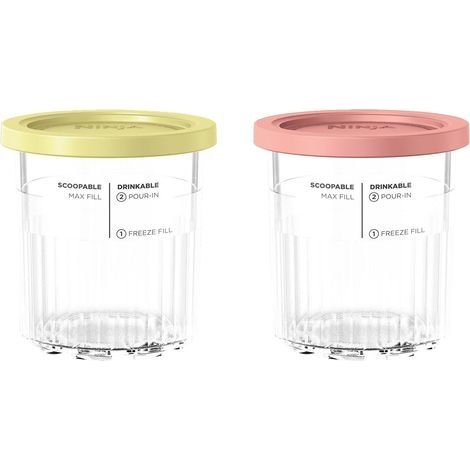 Pots à glace, lot de 2, accessoires Ninja authentiques, sans BPA, compatibles lave-vaisselle, couvercles colorés, 500 ml, transparent/corail/jaune, XSKPNTLD2EUUK