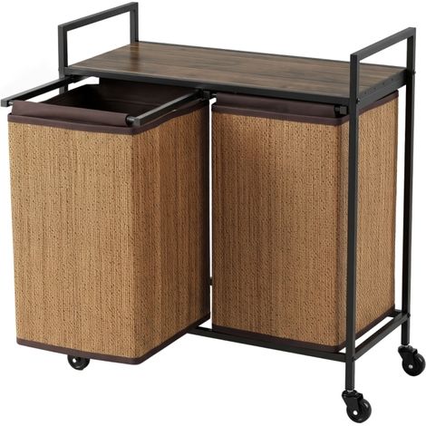 Panier à linge pour tri 2 bacs 120L avec étagère et 4 roulettes, meuble bambou et acier pour salle de bain et buanderie (1/5)