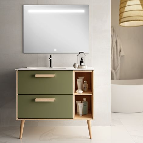 Meuble de salle de bain vasque déportée - 2 tiroirs - vert olive - MALIA et miroir Led STAM - 80cm (1/5)