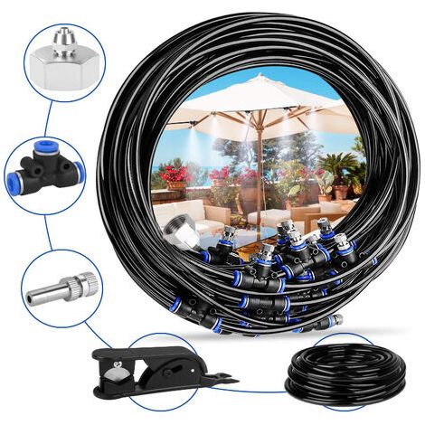 Patio Mister, 20 m, 20 Düsen, Sprühsystem, Garden Mister Kühlung mit robustem Schlauch und abnehmbaren Düsen für Garten, Terrasse, Trampolin, Gewächshaus (1/4)