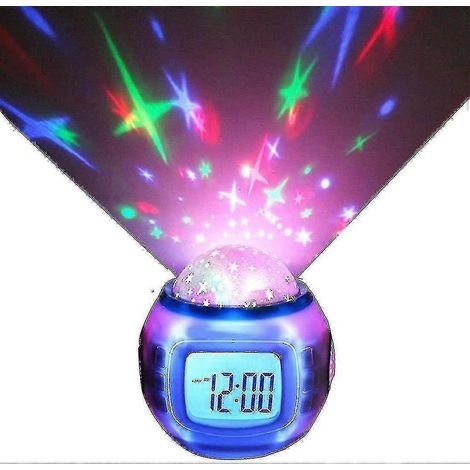 Réveil numérique LED avec projection de ciel étoilé, calendrier musical et minuterie. (1/3)