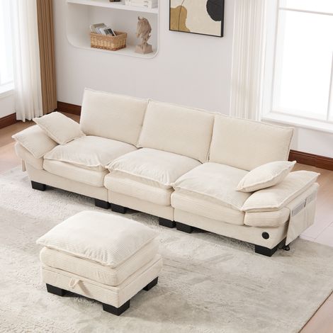 Canapé 3 Places 260x132cm - Tissu Corduroy Doux - Avec Hocker Rangement - Port USB-C - Poches Latérales - Capacité 220kg - Beige