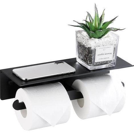 Porte Papier Toilette Mural Aluminium Double Support Hygiénique Rouleau avec Plateforme de Rangement sans Perçage avec Protection de Bord et Anti-Chute pour Salle de Bain WC Noir (1/5)