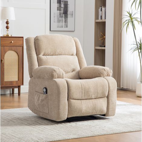 Fauteuil relax électrique multifonction avec massage et chauffage, dossier et repose-pieds réglables manuellement, poches de rangement latérales, beige clair (1/5)