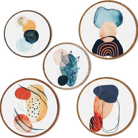 Ensemble de 5 décorations murales bohèmes en bois pour salon, style champêtre, géométriques, 25 et 20 cm. Décoration murale minimaliste et esthétique en bois pour appartement ou chambre. (1/5)