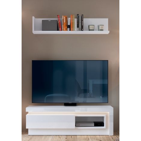 Wohnzimmer TV-Möbel Set, Lowboard & Wandboard, in weiß Hochglanz mit indirekter Beleuchtung, LYNDHURST-129, B/H/T ca. 131/165/42 cm (1/4)