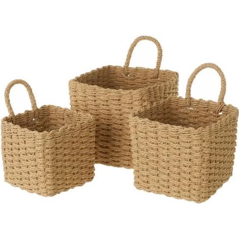 Lot de 3 panier de rangement avec poignée, corbeille de rangement carrée en papier tressé coloris naturel -JUANIO (1/3)