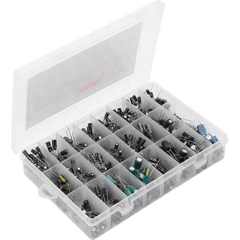 Kit 630 pièces condensateurs électrolytiques aluminium, assortiment 24 valeurs 0,1µF à 1000µF, boîte de rangement pour bricolage électronique (1/5)