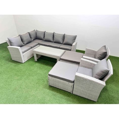 Fimous Rattan Garden Furniture Set Outdoor 10 Seater Corner Sofa Sets with Oblong Coffee Table Chair Big Footstools Light Grey Mixed (1/5)
