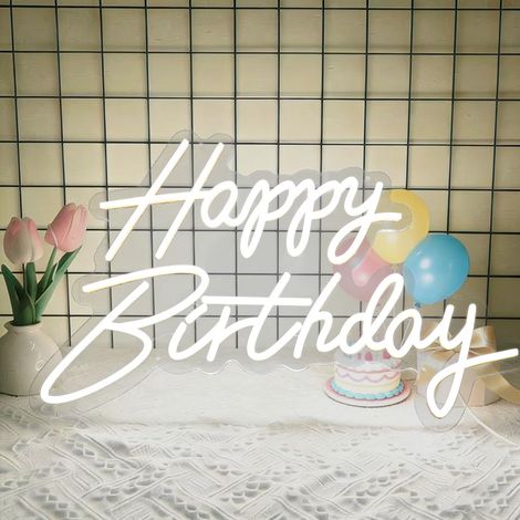 Enseigne néon « Happy Birthday » — Décoration lumineuse pour toile de fond d'anniversaire — Idéale pour les célébrations de tous âges — 19,6 x 11,8 pouces (Blanc) (1/5)