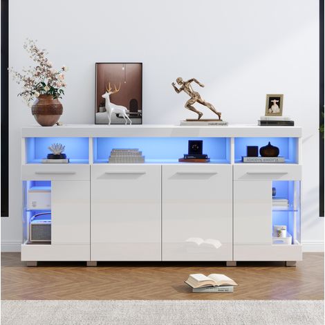 Credenza 140x40x70 cm con LED, 3 cassetti, ante in vetro temperato, MDF, bianco (1/5)