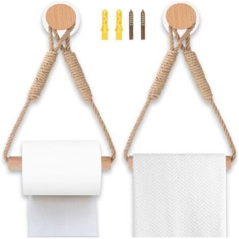 Set of 2 Wall-mounted Toilet Paper Holders in Wood and Rope Rustic Design, No Drilling, Ideal for Bathroom and Industrial Decoration (1/5)
