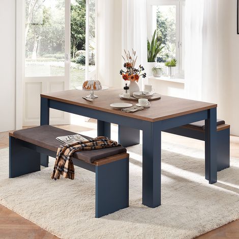 Esszimmer Sitzgruppen Set DEVON-36 in blau mit Eiche Nb. Landhausstil, Esstisch mit 2 Bänken (1/5)