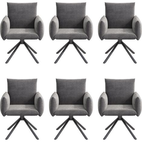 Set de 6 chaises de salle à manger en velours gris avec assise rembourrée et pieds métalliques, fauteuil pivotant 360° avec soutien lombaire (1/5)