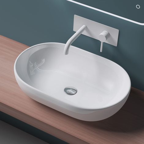 Mai & Mai lave main évier vasque 60x40x15 cm en céramique blanc ovale sans perçage pour robinet lavabo sans trop-plein à poser BR322 (1/5)