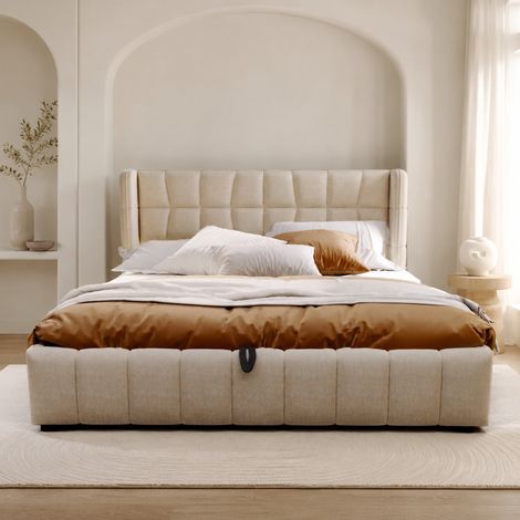 Letto contenitore 180 x 200 cm con rete a doghe, struttura in metallo, beige HAVRYA (1/5)