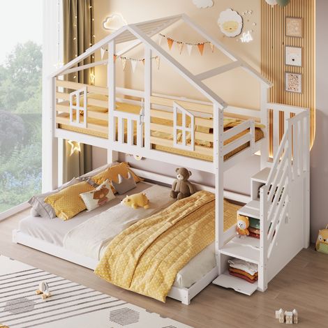 Lit superposé 3 couchages 90x200 et 140x200 cm style cabane, fenêtre, escalier rangement, pin blanc et bois naturel (1/5)