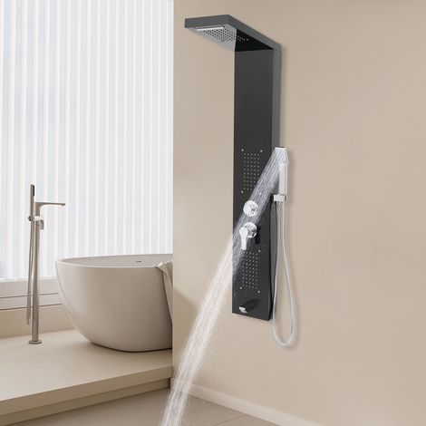 Système de panneau de douche, tour de panneau de douche à LED, mode pluie, mode cascade, bec de baignoire, avec pomme de douche à main, ensemble de douche mural en acier inoxydable, noir (1/5)