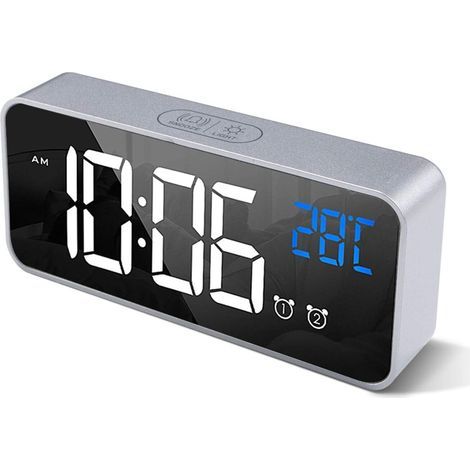 Réveil numérique avec grand affichage LED de la température, réveil miroir portable avec double alarme et luminosité réglable sur 4 niveaux (argent) (1/4)