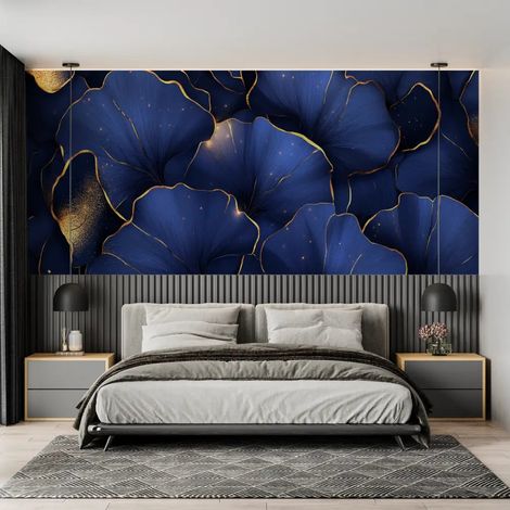 Papier peint feuillage grands petales bleus et or 1 - 150 x 250 cm (1/2)