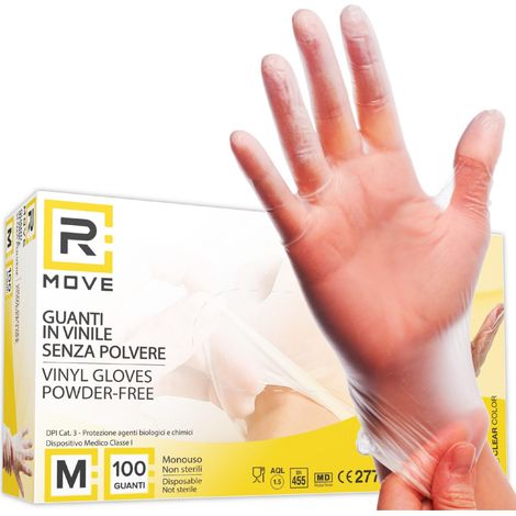 R Move Gants en Vinyle Jetables Taille M - 100 Pièces (50 Paires), Sans Poussière, Sans Latex, Hypoallergéniques, Ambidextres, Transparent - Usage Médical, Alimentaire, Esthétique, Tatoueurs (1/5)