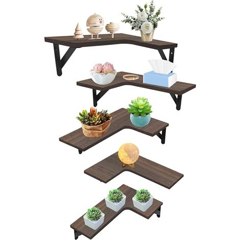 Lot de 5 étagères d'angle flottantes en forme de L - Étagère murale flottante - Étagère d'angle rustique pour chambre à coucher, salon, cuisine (marron foncé) (1/5)