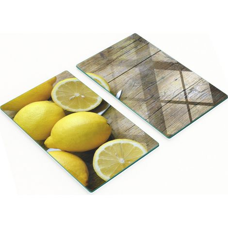 Ensemble de deux planches à découper en verre, motif citron sur bois, 2 x 30 x 52 cm (1/5)