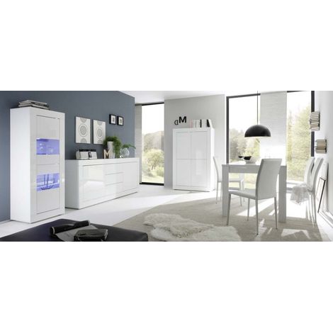 Azura Home Design – Salle à manger complète extensible 4 à 8 personnes – Buffet 2 portes + 3 tiroirs – Vitrine 2 portes – Blanc laqué