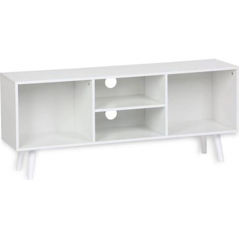 Meuble TV - JUANIO - 4 compartiments ouverts - 110x29x47 cm - Blanc - Passe-câbles intégrés (1/4)