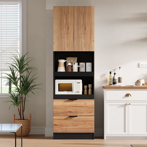 Armoire haute de cuisine 59,5x45x200 cm avec 2 tablettes coulissantes, 2 tiroirs, grand rangement micro-ondes, anti-basculement, MDF noir (1/5)