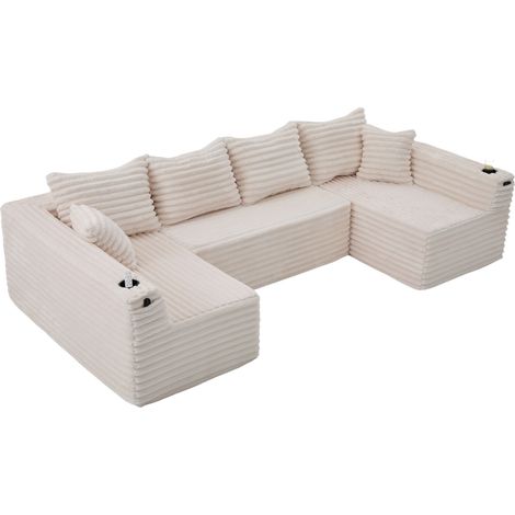 Canapé en U en velours côtelé avec porte-gobelets et poches latérales, rembourrage à ressorts, 4 coussins de dossier et 2 coussins décoratifs. Forme ergonomique pour une assise confortable prolongée – (1/5)