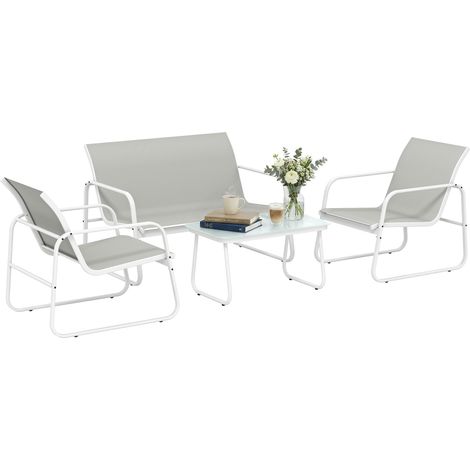 Outsunny conjunto jardín exterior de 4 piezas, con sofá de 2 plazas, 2 sillones, mesa de vidrio templado, tela textilene, estructura de acero, gris