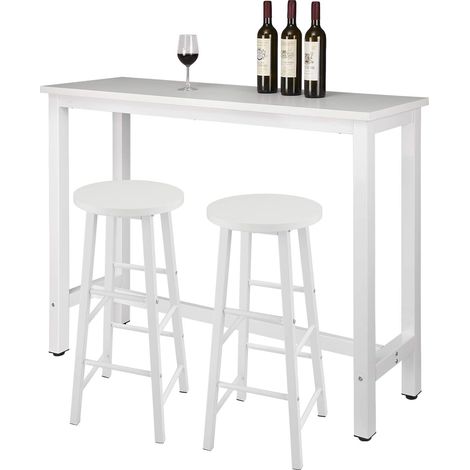 Woltu – Table de bar MDF et métal 140x40x100cm – 2 tabourets 71cm – Résistant à l'eau et aux rayures – Design industriel blanc (1/4)