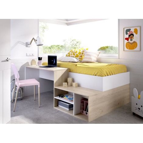 Les Tendances – Lit combiné enfant 90x190 cm – Structure en panneau de particules mélaminé chêne naturel et blanc – Bureau et rangement intégrés