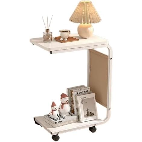 Table d'appoint à roulettes avec poche de rangement, élégante table de chevet, pieds réglables, en forme de U, facile à déplacer, table d'appoint pour canapé, fine, petite table basse (blanche) (1/5)