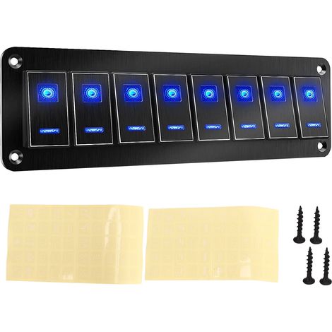 Panneau 8 interrupteurs à bascule en aluminium RV, 12V-24V DC, étanche, noir oxydé, 20A 5PIN, LED bleue, pour voiture et yacht (1/5)