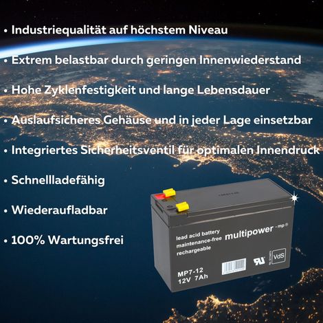 Multipower MP7-12 AGM Bleiakku 12V 7Ah Faston 4,8 mm für USV, Alarmanlage & Notbeleuchtung (1/5)