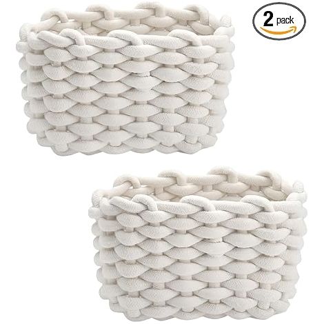 Blanc Corde de Coton Petit Panier Tressé Carré Paniers (1/5)