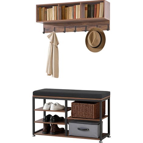 Mophorn Porte-manteau mural avec banc à chaussures, meuble d'entrée en acier, rangement pratique pour couloir, chambre ou dressing, vestiaire avec crochets et étagère, finition marron rustique (1/5)