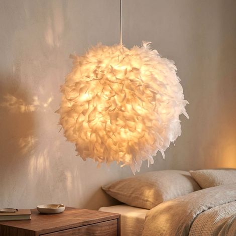 LED Pendelleuchte Hängelampe Leuchte Pendellampe Federlampe Schlafzimmerlampe Wohnzimmer, Textil weiß Federn, 1x E27 LED warmweiß, DxH 60x130 cm (1/5)