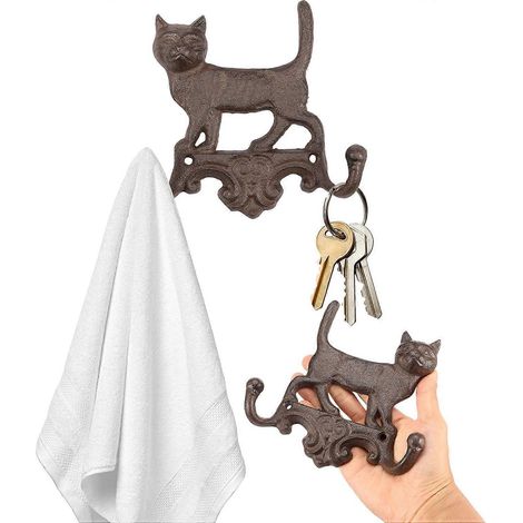 Patères murales vintage fonte motifs chats chiens crochets décoratifs doubles rustiques robustes manteaux porte-clés animaux mignons (1/5)