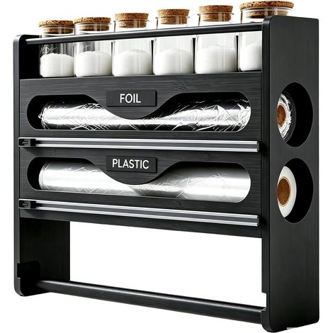 4 en 1 Derouleur Film Alimentaire: Distributeur Papier Aluminium Et Film, Rangement Papier Alu Et Film Alimentaire avec étagère à épices Et Dérouleur Essuie Tout pour Cuisine Placard Frigo (1/5)