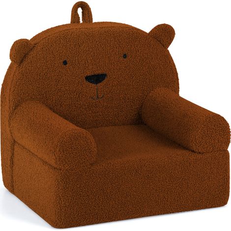 Canapé enfant marron en mousse avec housse polaire lavable, accoudoirs et poignée de transport pour salon, chambre et salle de jeux (1/5)