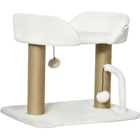 Designer-Katzenbaum mit Kratzbaum, Spielzeug, 2 Hängebommeln, 2 Sisalstämmen, Plüsch-Sisalplattform, 48 x 38 x 42 cm, beige (1/5)