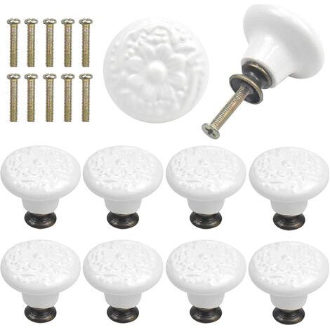 XVX 10 Pcs Bouton de Tiroir en Céramique Poignée de Meuble Ronde Gravure Vintage avec Vis - Blanc (1/5)