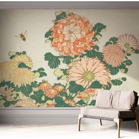 Tapete Selbstklebend - abwaschbar - Tapete mit Motiv - trendige Wanddeko - elegant Fototapete Chrysanthemenblüten 312x219 cm